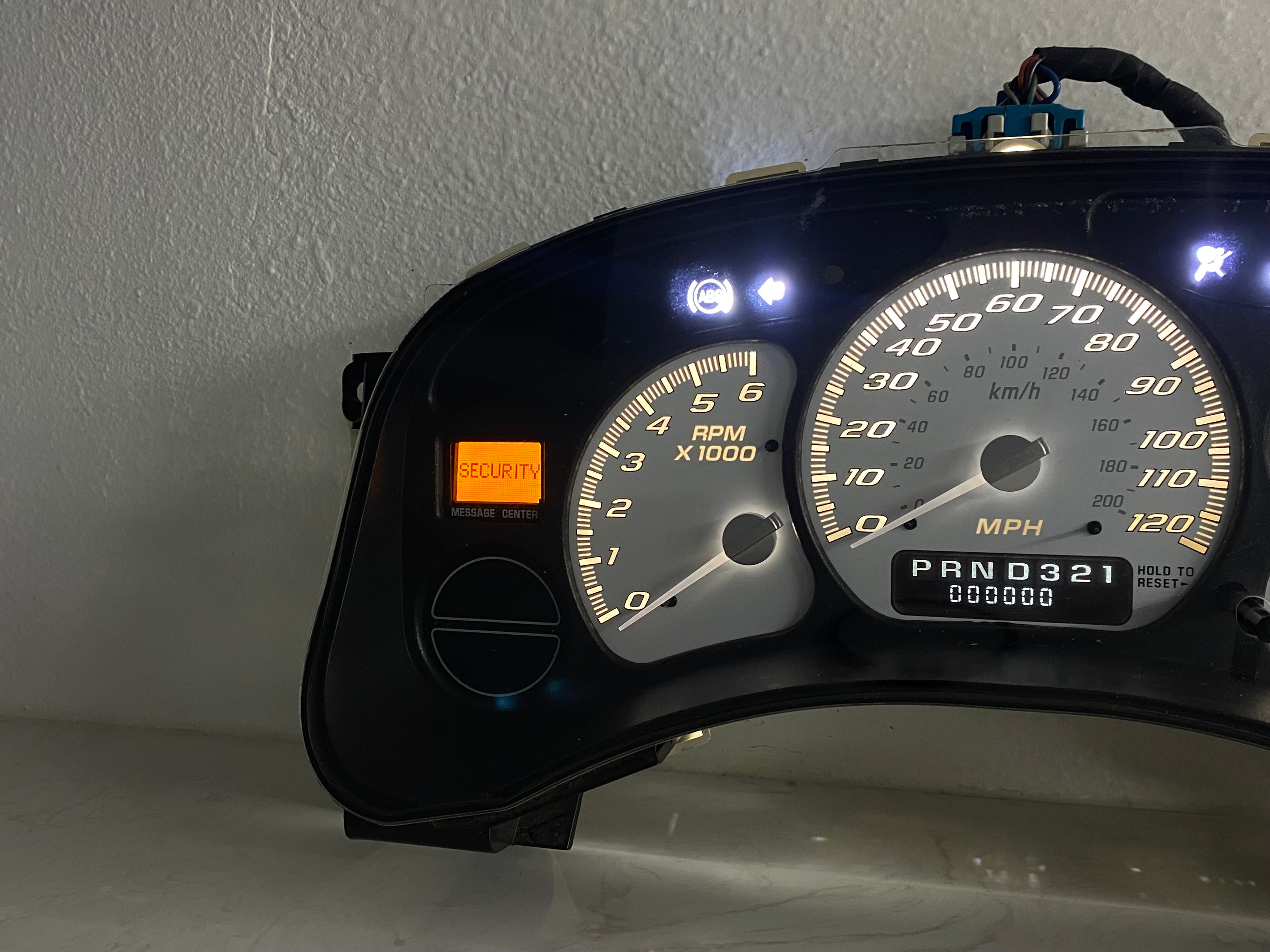 1999–2002 Silverado / Sierra White SS 120 MPH Gauge Cluster – White LEDs + White Glow Needles | Plug & Play Rebuild (Copy)