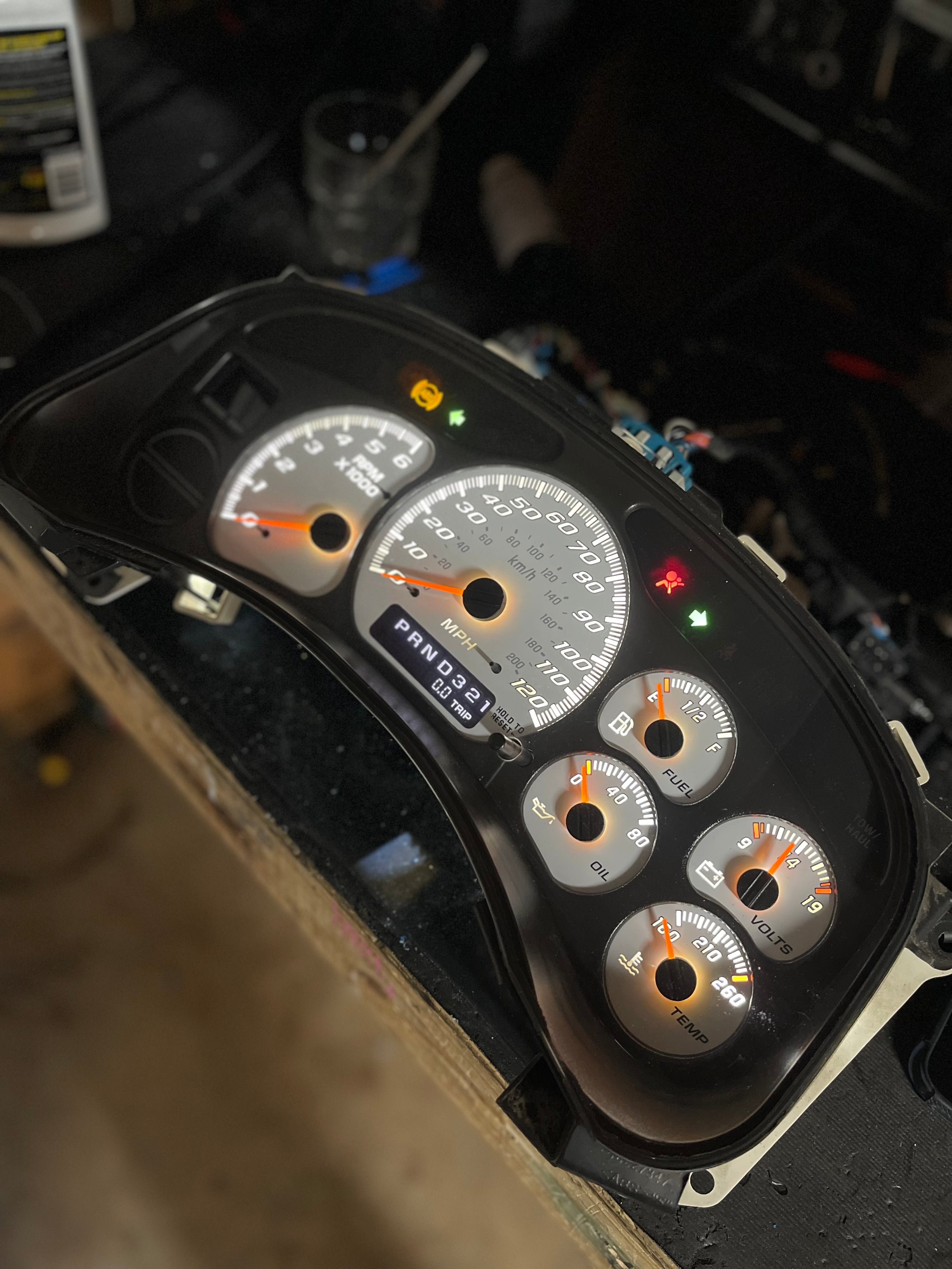 1999–2002 Silverado / Sierra White SS 120 MPH Gauge Cluster – White LEDs + White Glow Needles | Plug & Play Rebuild