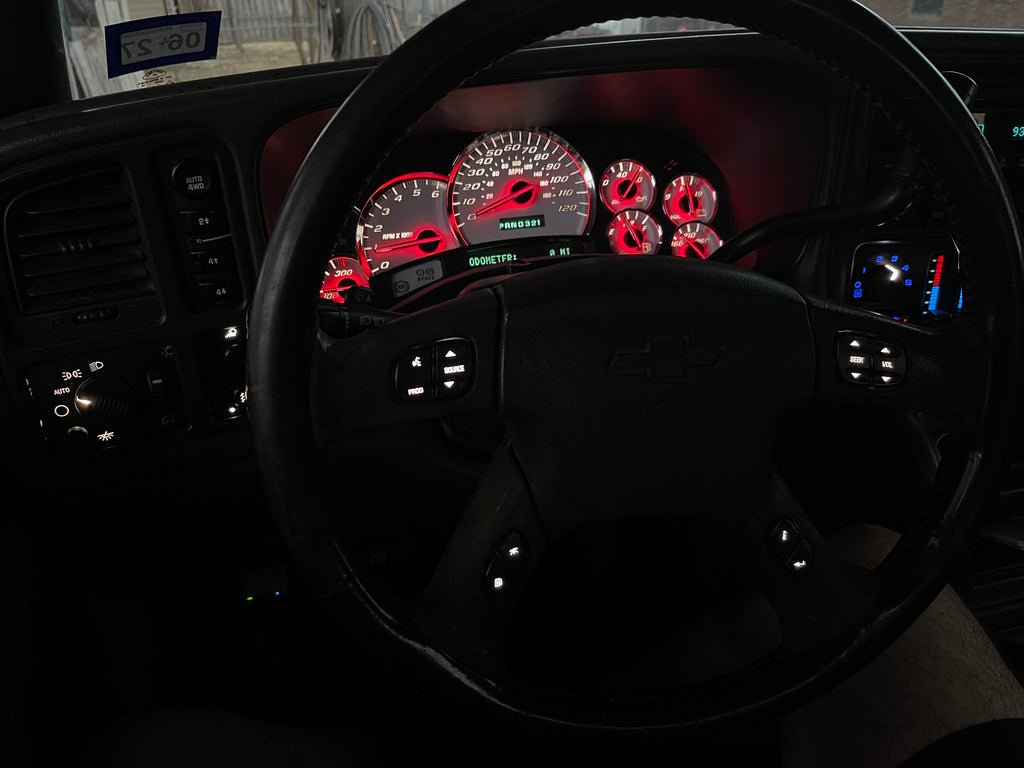 White Overlay SS Performance Cluster with Red LEDs – Plug & Play Rebuilt 03-07 | Platinum Needles / Chrome Bezel