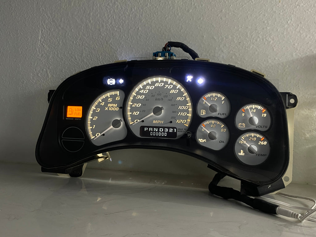 1999–2002 Silverado / Sierra White SS 120 MPH Gauge Cluster – White LEDs + White Glow Needles | Plug & Play Rebuild (Copy)