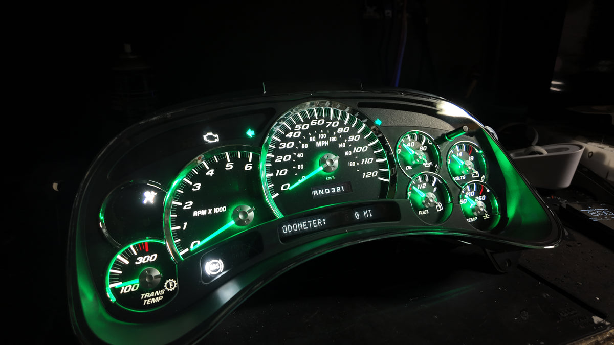 2003–2007 Chevy Silverado / GMC Sierra Custom Green LED Gauge Cluster – 120 MPH w/ Trans Temp | Plug & Play