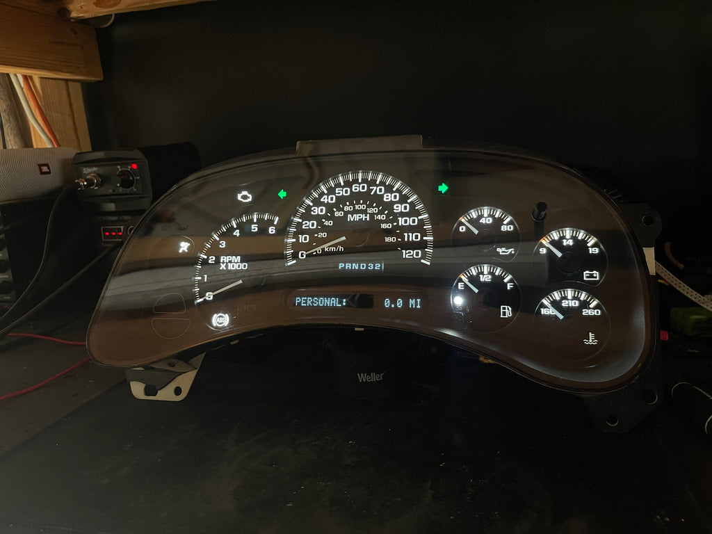 2003–2007 GM Gauge Cluster – White LED Upgrade (No Trans Temp)
