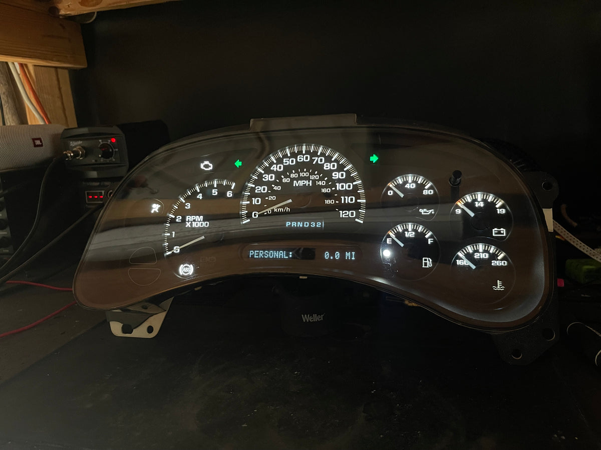 2003–2007 GM Gauge Cluster – White LED Upgrade (No Trans Temp)