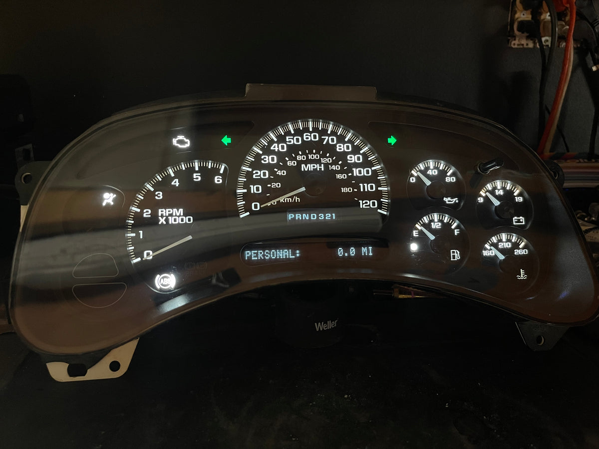 2003–2007 GM Gauge Cluster – White LED Upgrade (No Trans Temp)