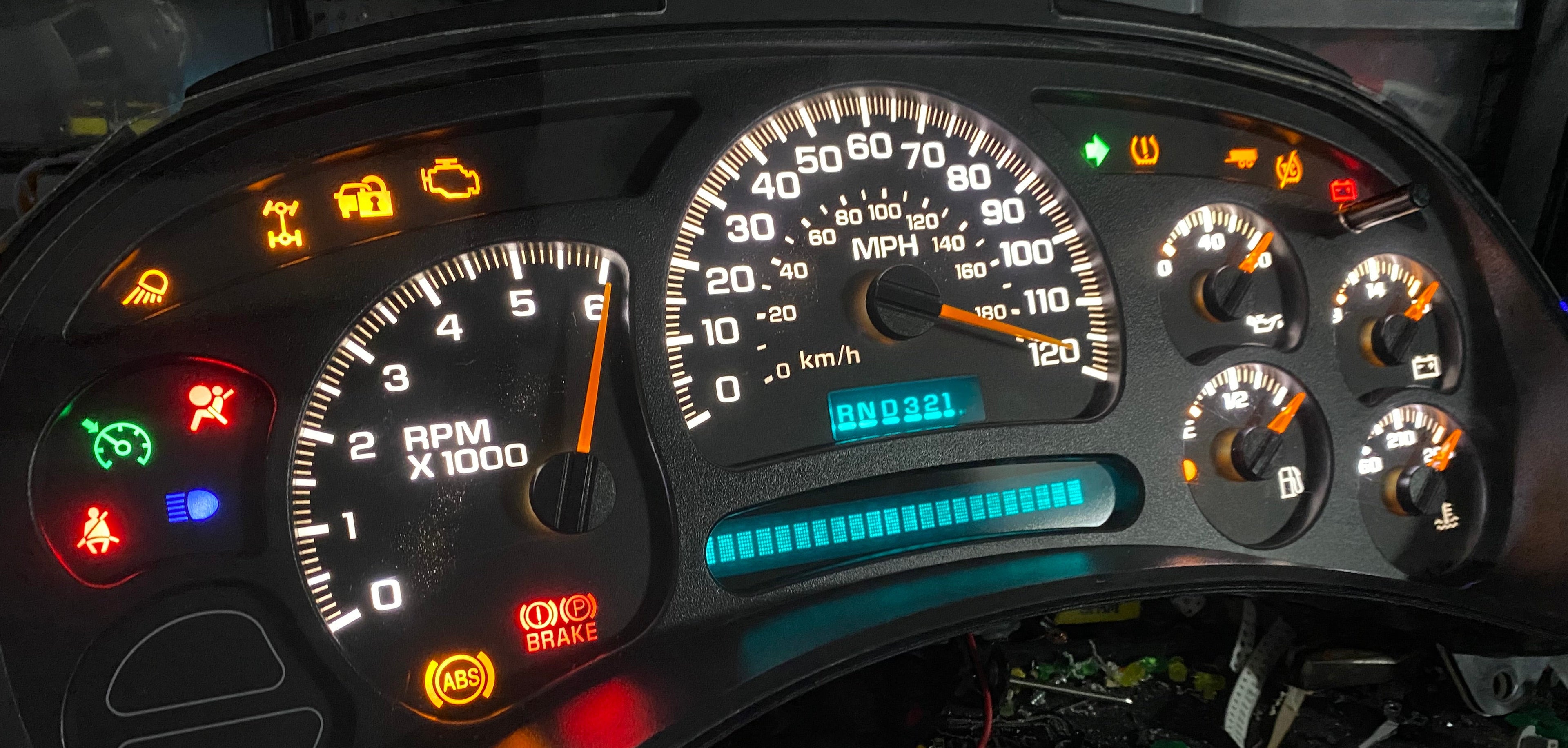 2003–2007 GM Gauge Cluster – White LED Upgrade (No Trans Temp)