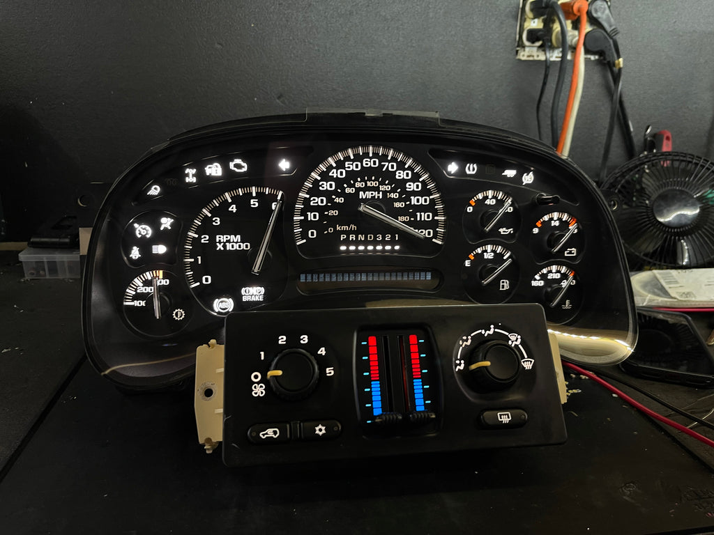 03–07 GM White LED Cluster w/ Trans Temp + Icy White AC Control Combo – Plug & Play