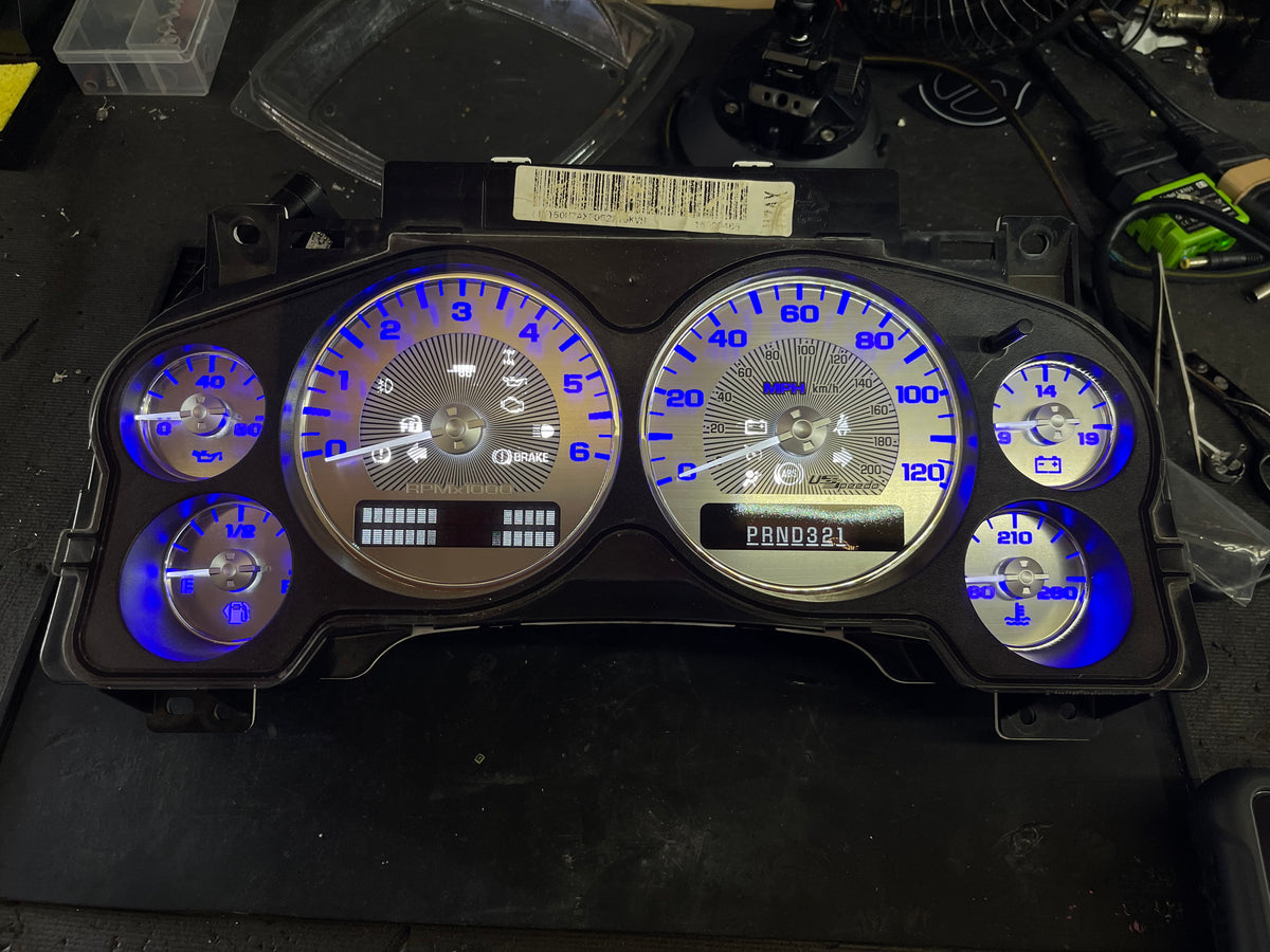2007-2013 Chevy/GMC Stainless Steel Custom Cluster – Blue LED – Plug & Play