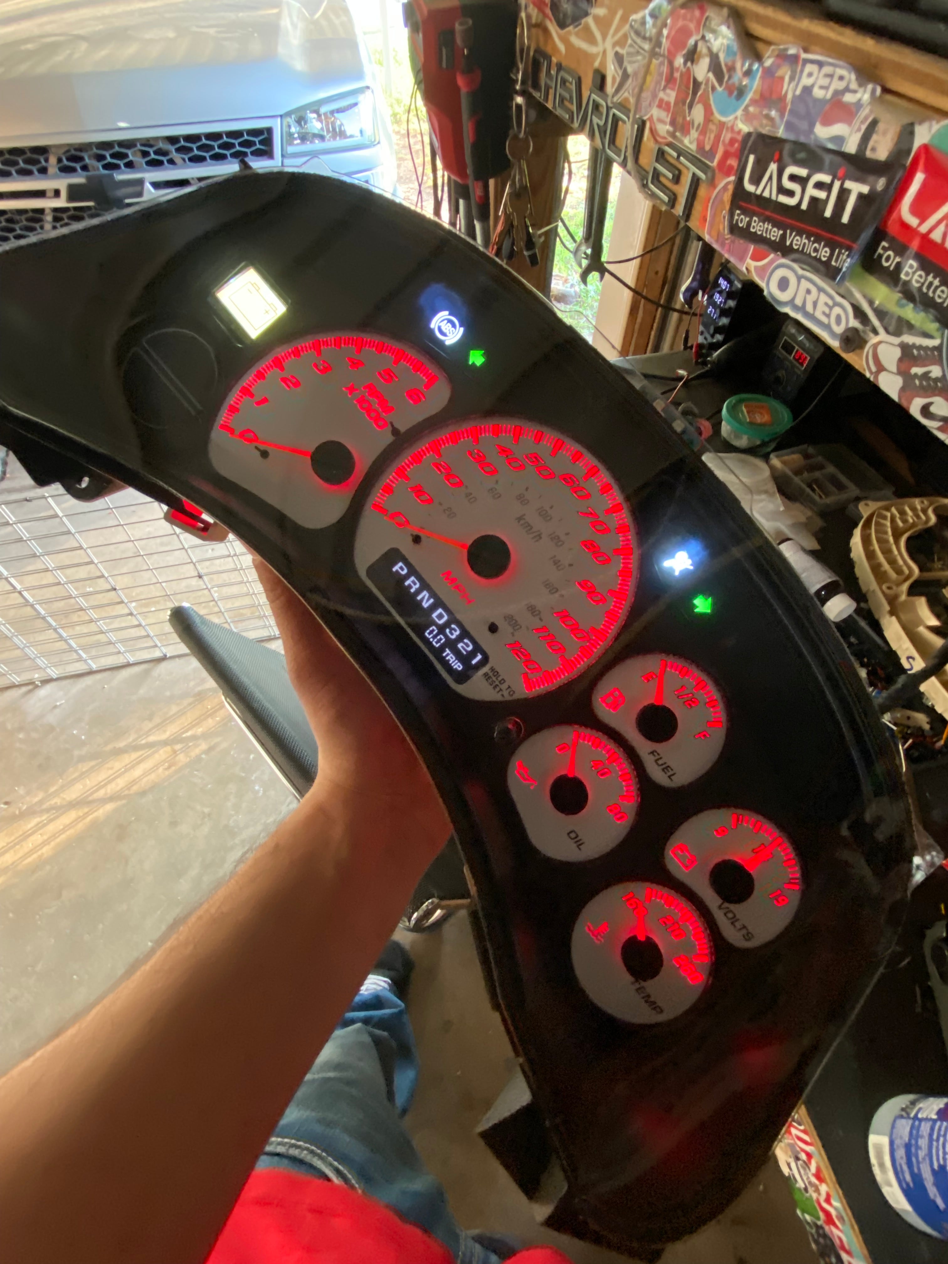 1999–2002 Silverado / Sierra White SS 120 MPH Gauge Cluster – red  LEDs + White Glow Needles | Plug & Play Rebuild