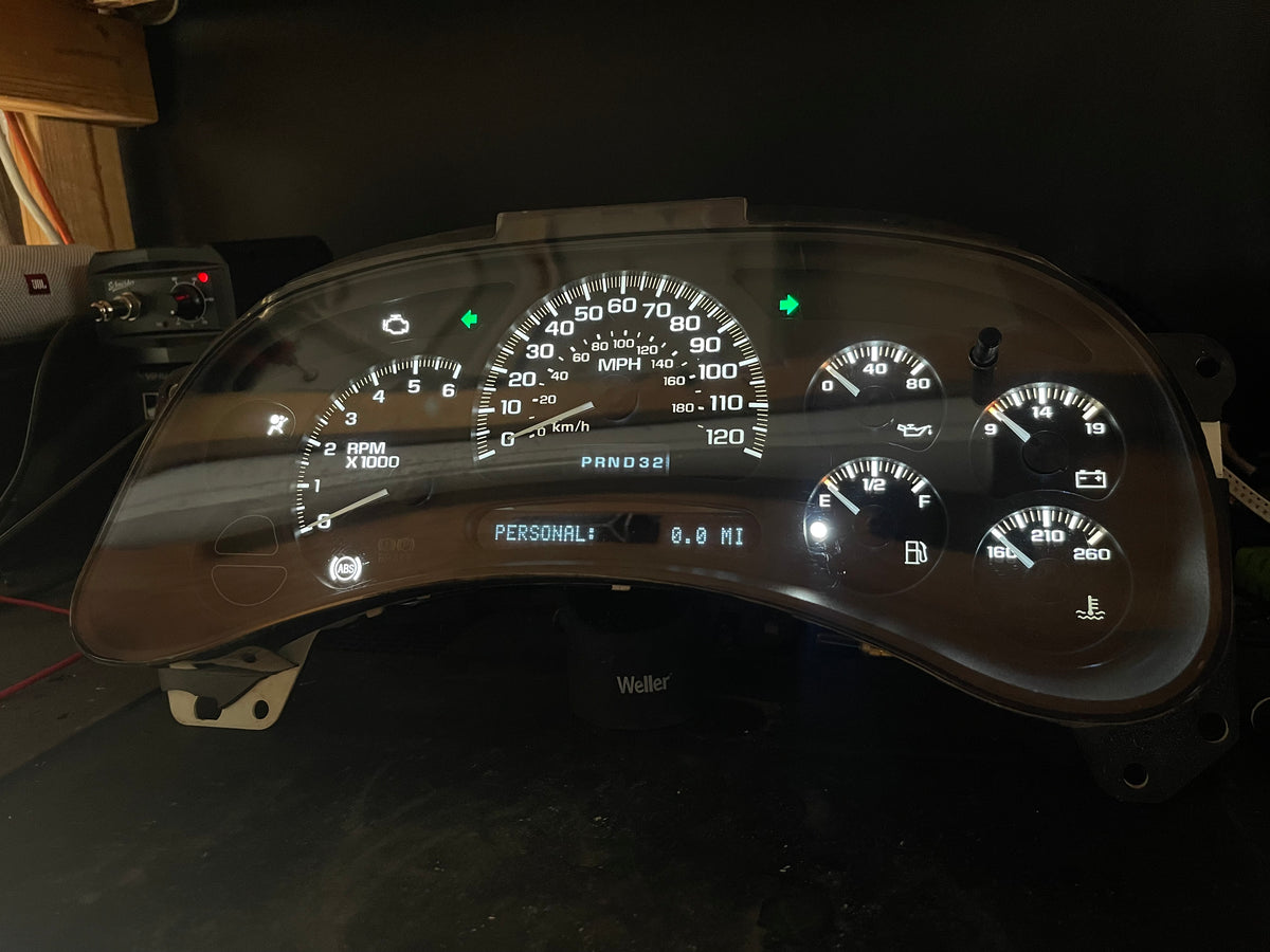 2003–2007 GM Gauge Cluster – White LED Upgrade (No Trans Temp)
