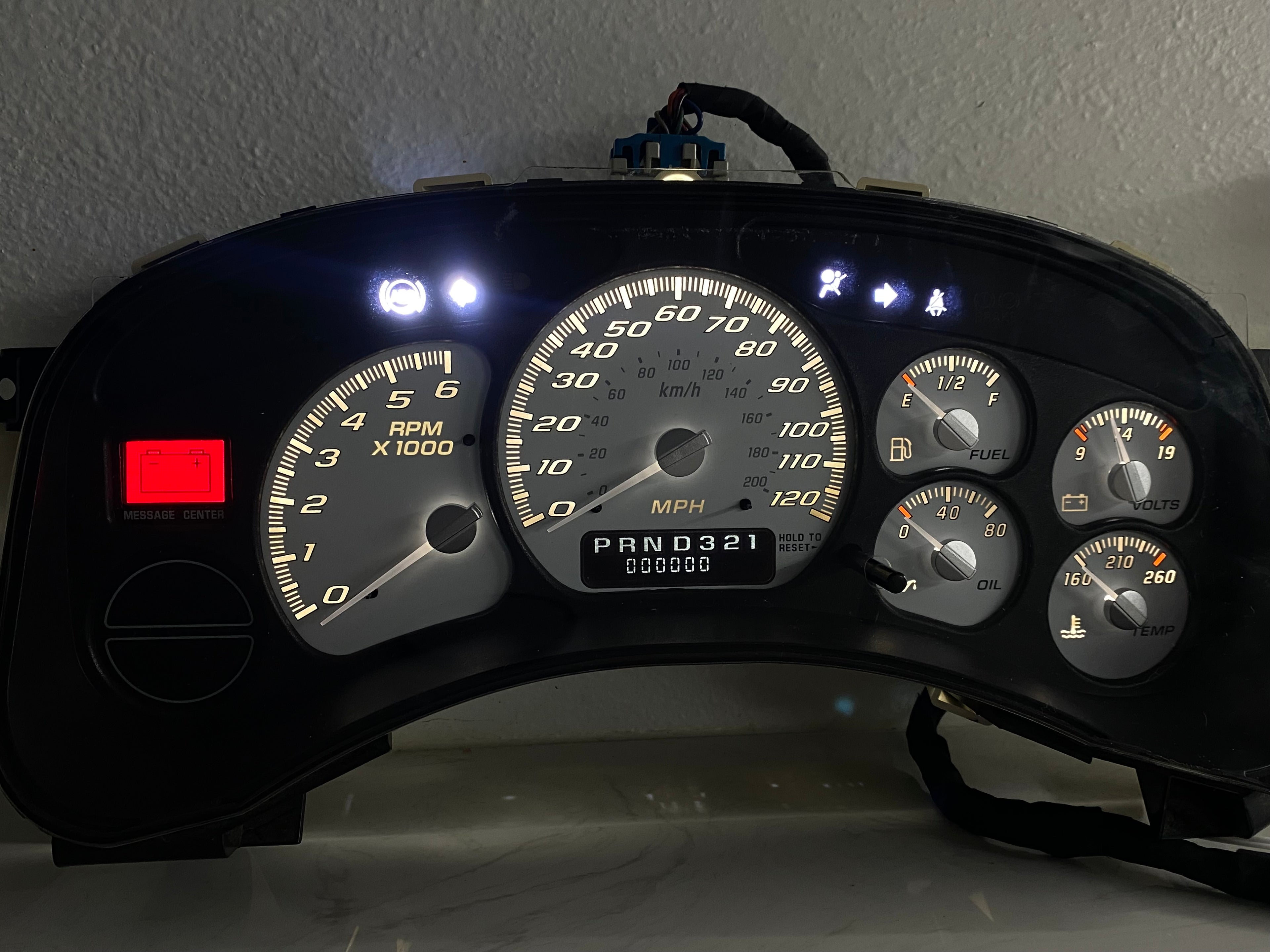 1999–2002 Silverado / Sierra White SS 120 MPH Gauge Cluster – White LEDs + White Glow Needles | Plug & Play Rebuild (Copy)