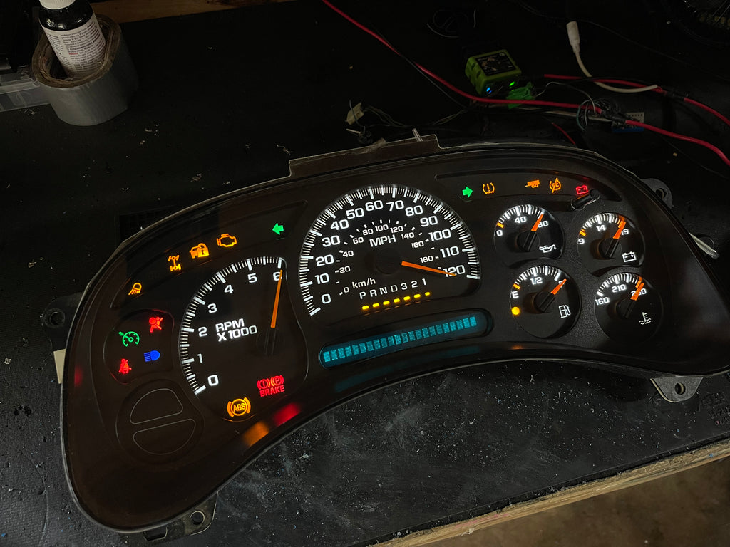 2003–2007 GM Gauge Cluster – White LED Upgrade (No Trans Temp)