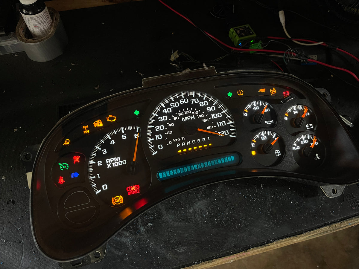 2003–2007 GM Gauge Cluster – White LED Upgrade (No Trans Temp)