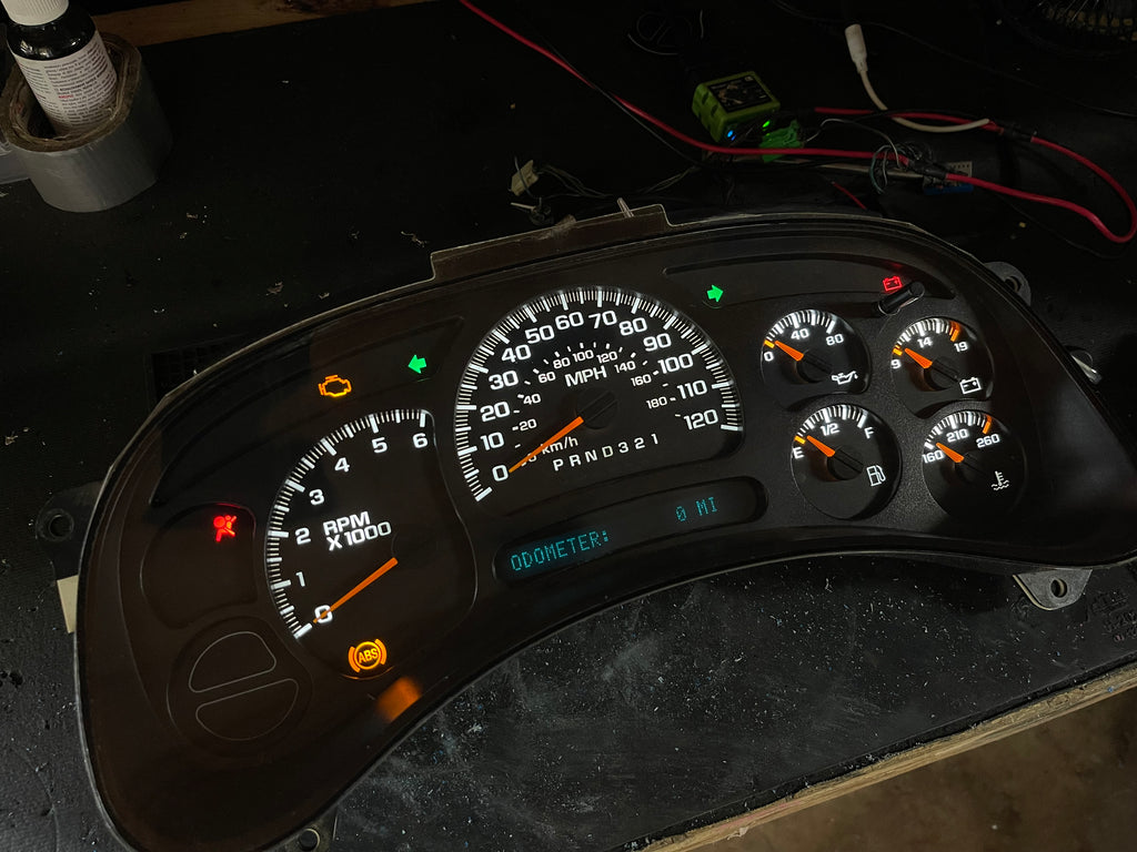 2003–2007 GM Gauge Cluster – White LED Upgrade (No Trans Temp)