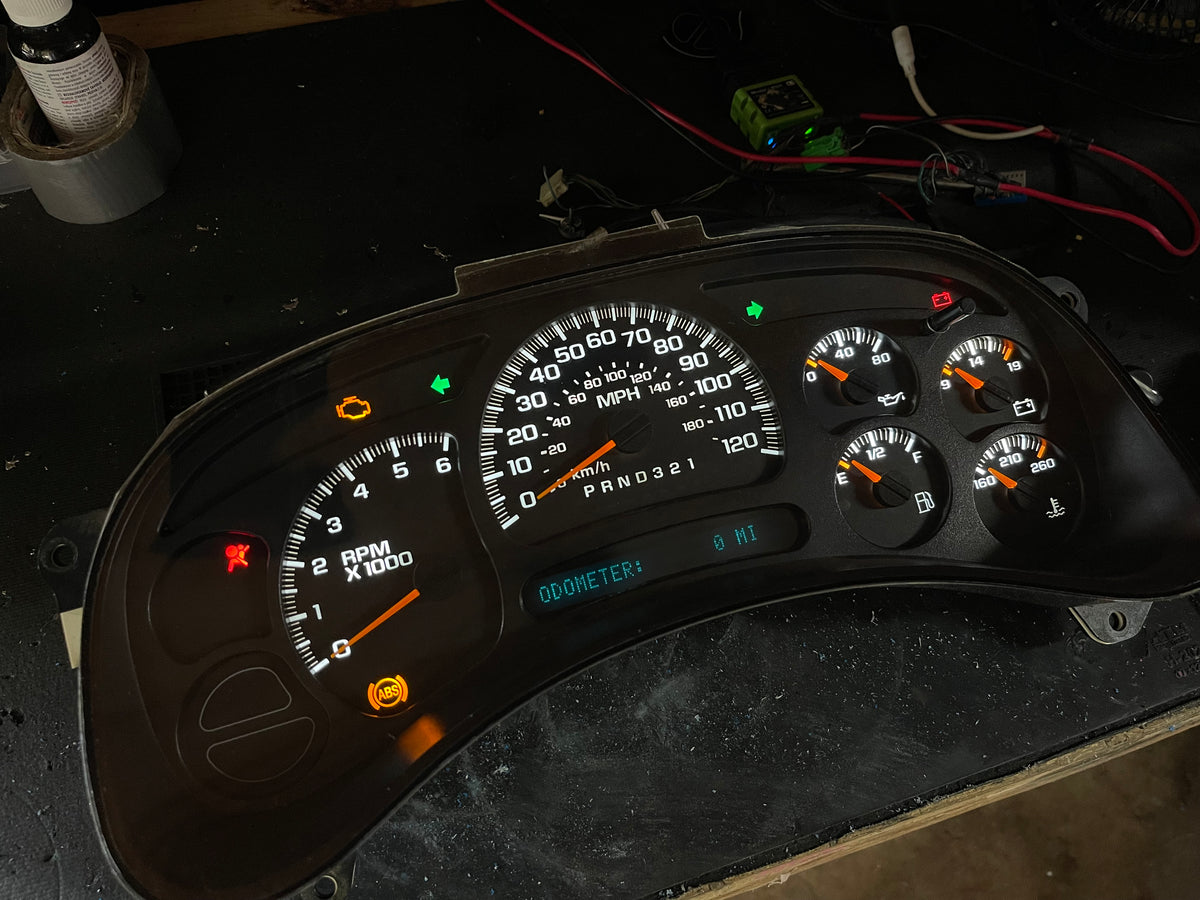 2003–2007 GM Gauge Cluster – White LED Upgrade (No Trans Temp)