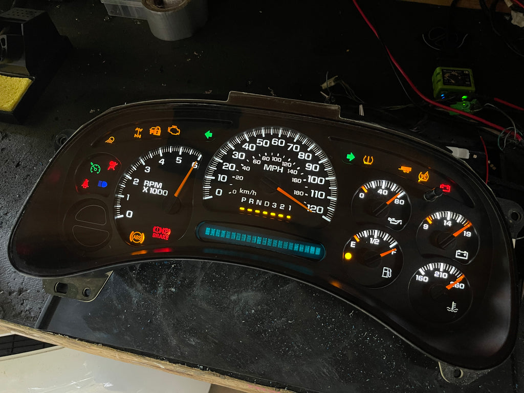 2003–2007 GM Gauge Cluster – White LED Upgrade (No Trans Temp)