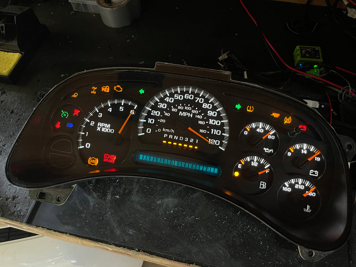 2003–2007 GM Gauge Cluster – White LED Upgrade (No Trans Temp)