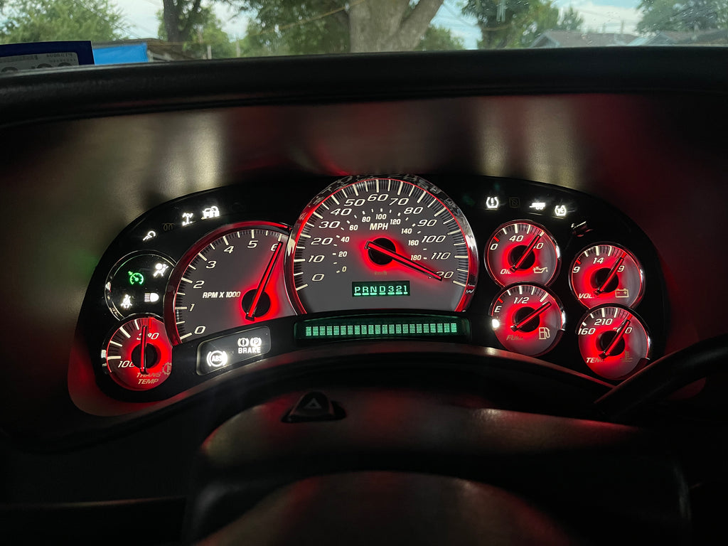 White Overlay SS Performance Cluster with Red LEDs – Plug & Play Rebuilt 03-07 | Platinum Needles / Chrome Bezel