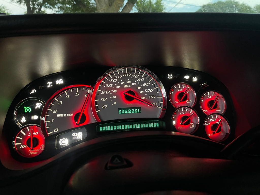 White Overlay SS Performance Cluster with Red LEDs – Plug & Play Rebuilt 03-07 | Platinum Needles / Chrome Bezel