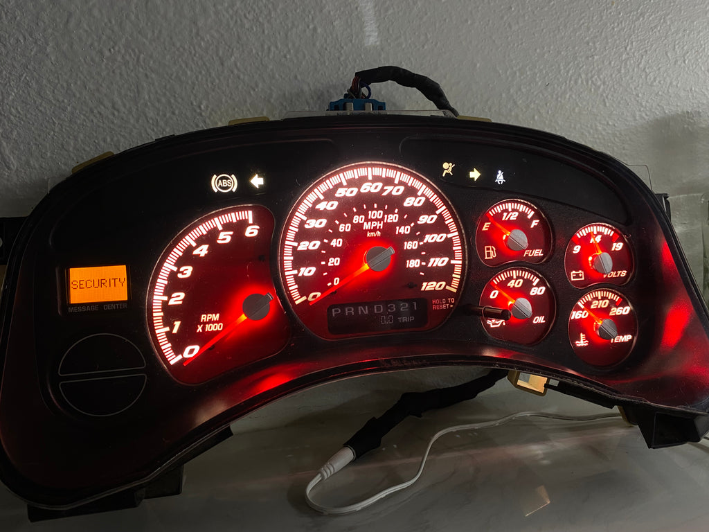 1999–2002 Silverado / Sierra Red SS 120 MPH Gauge Cluster – Red LEDs + Red Glow Needles | Plug & Play Rebuild