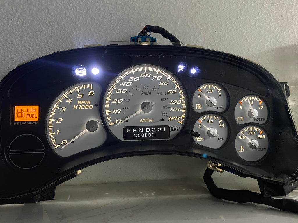 1999–2002 Silverado / Sierra White SS 120 MPH Gauge Cluster – White LEDs + White Glow Needles | Plug & Play Rebuild (Copy)