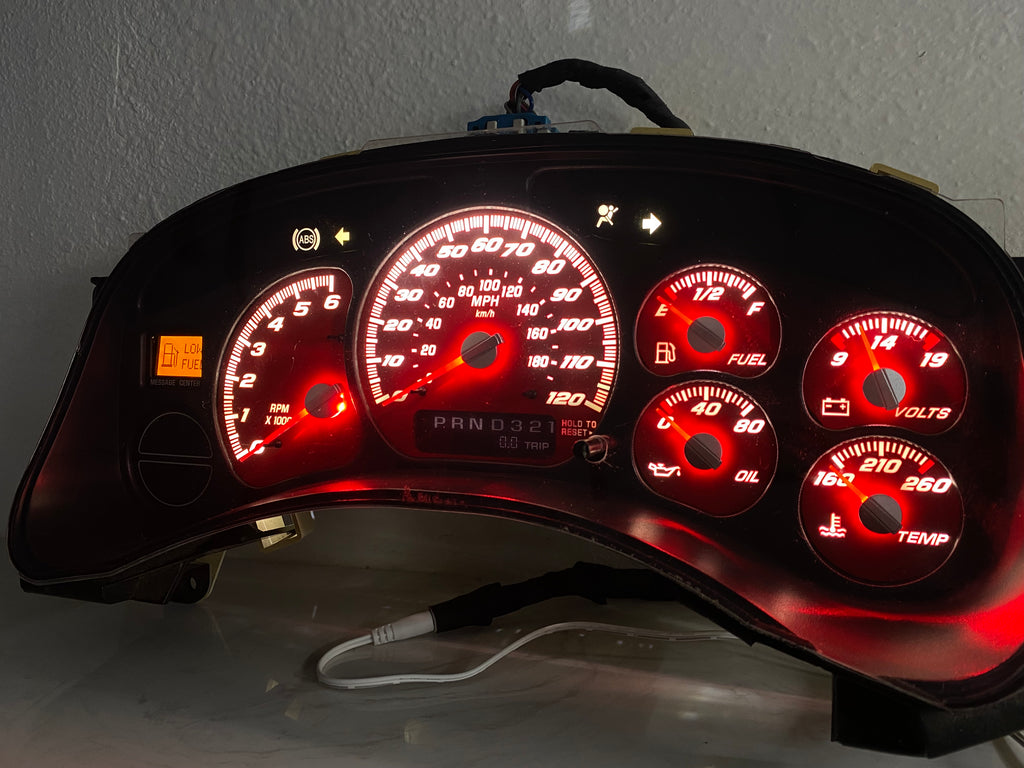 1999–2002 Silverado / Sierra Red SS 120 MPH Gauge Cluster – Red LEDs + Red Glow Needles | Plug & Play Rebuild