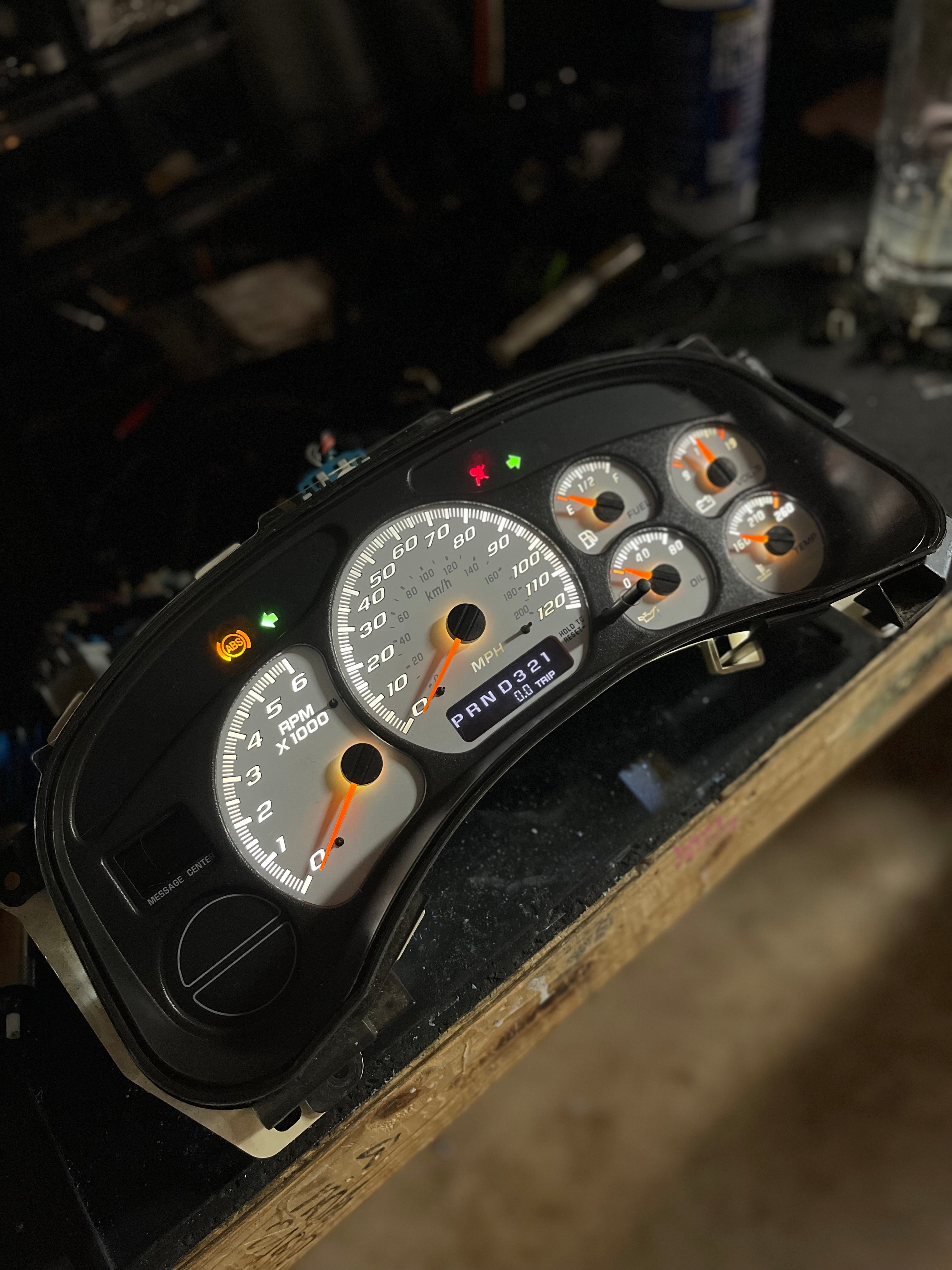 1999–2002 Silverado / Sierra White SS 120 MPH Gauge Cluster – White LEDs + White Glow Needles | Plug & Play Rebuild