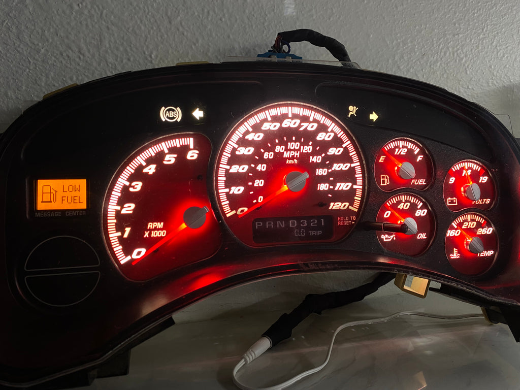 1999–2002 Silverado / Sierra Red SS 120 MPH Gauge Cluster – Red LEDs + Red Glow Needles | Plug & Play Rebuild