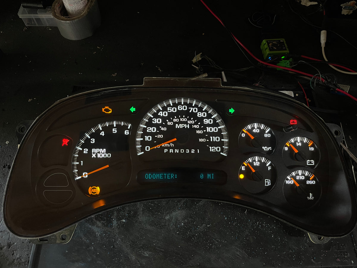 2003–2007 GM Gauge Cluster – White LED Upgrade (No Trans Temp)