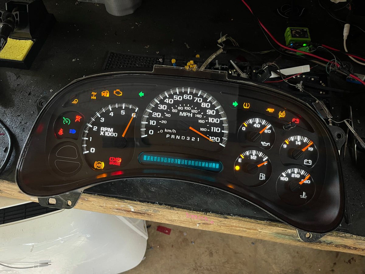 2003–2007 GM Gauge Cluster – White LED Upgrade (No Trans Temp)