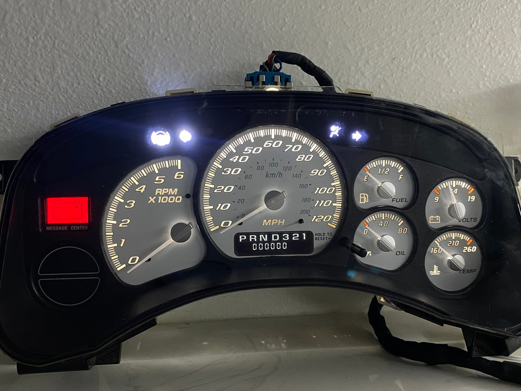 1999–2002 Silverado / Sierra White SS 120 MPH Gauge Cluster – White LEDs + White Glow Needles | Plug & Play Rebuild (Copy)