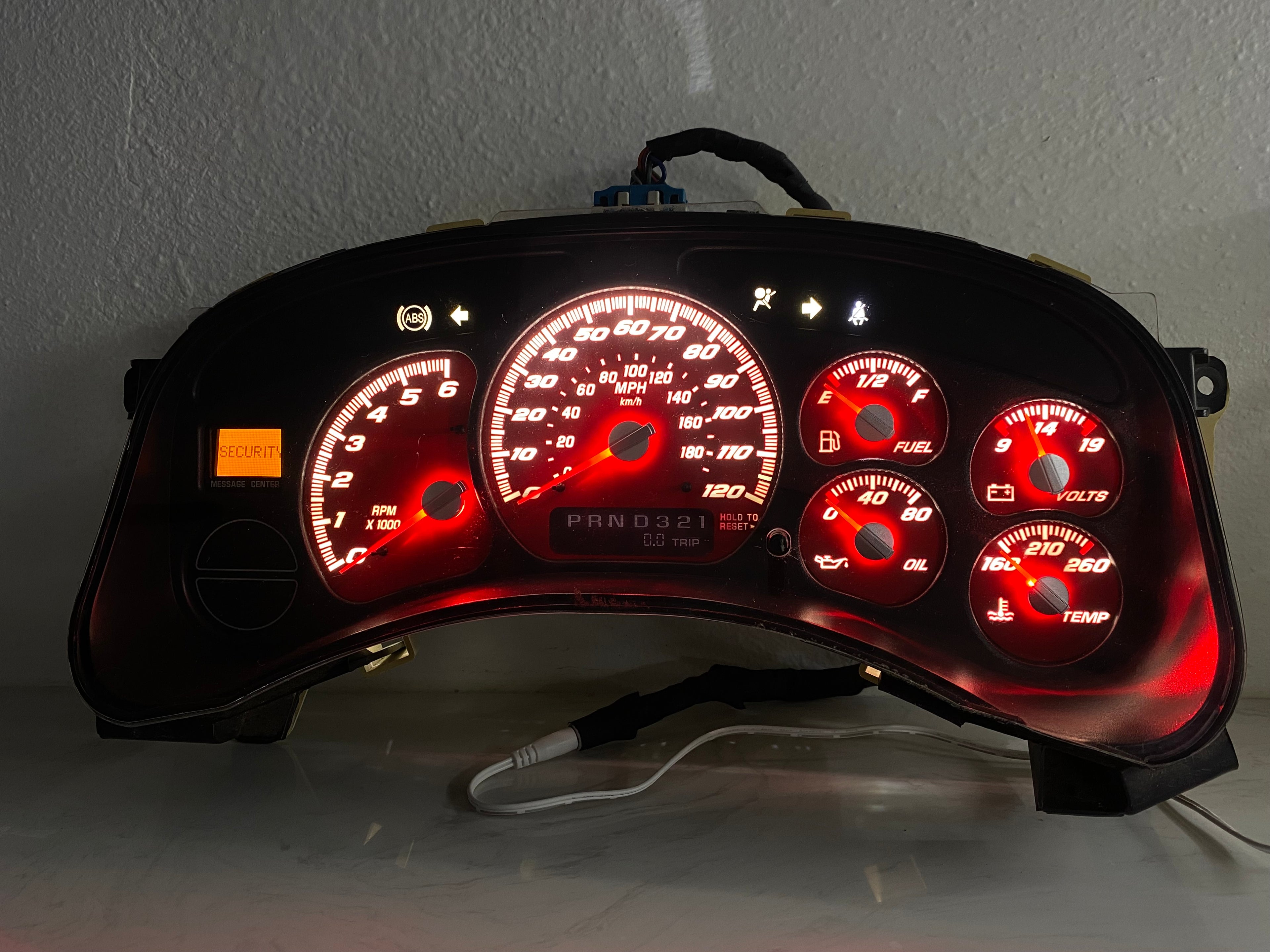1999–2002 Silverado / Sierra Red SS 120 MPH Gauge Cluster – Red LEDs + Red Glow Needles | Plug & Play Rebuild