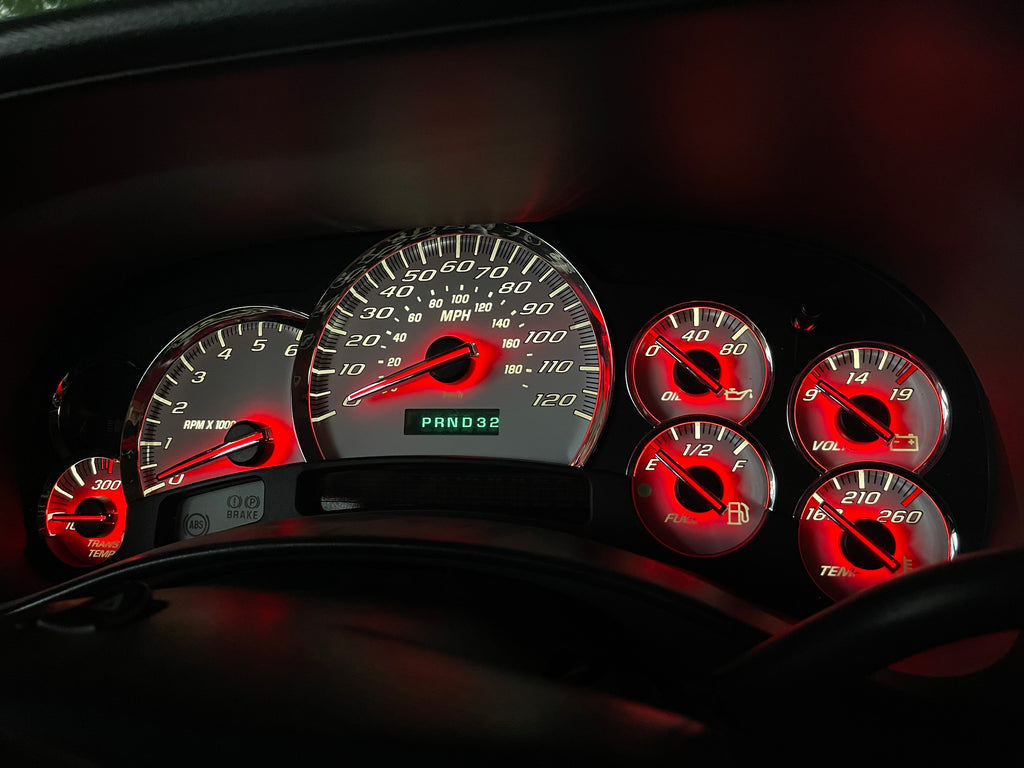 White Overlay SS Performance Cluster with Red LEDs – Plug & Play Rebuilt 03-07 | Platinum Needles / Chrome Bezel