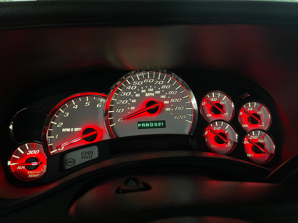 White Overlay SS Performance Cluster with Red LEDs – Plug & Play Rebuilt 03-07 | Platinum Needles / Chrome Bezel