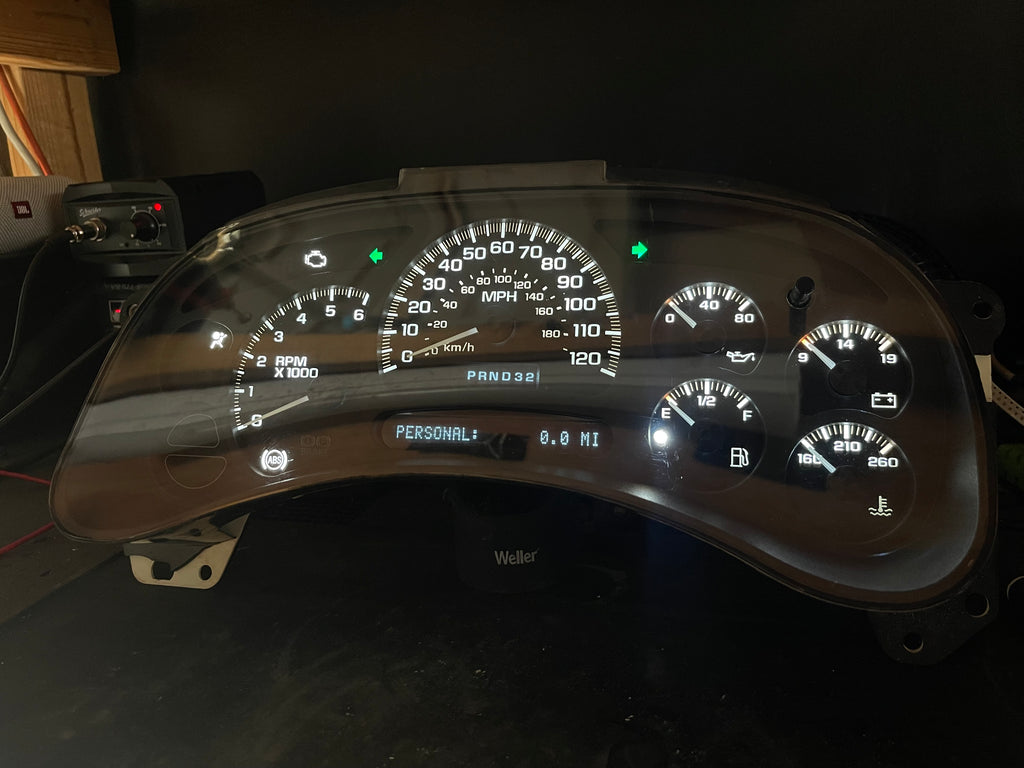 2003–2007 GM Gauge Cluster – White LED Upgrade (No Trans Temp)