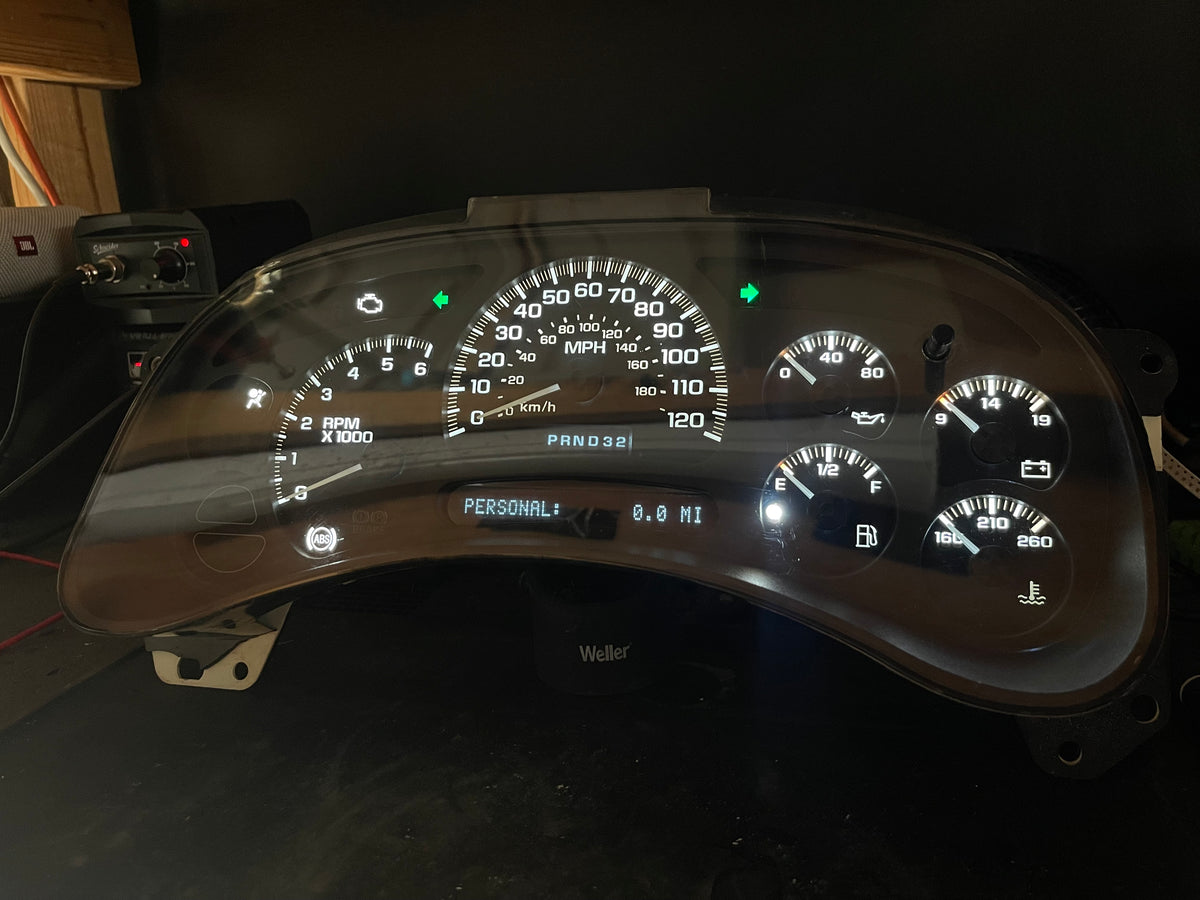 2003–2007 GM Gauge Cluster – White LED Upgrade (No Trans Temp)