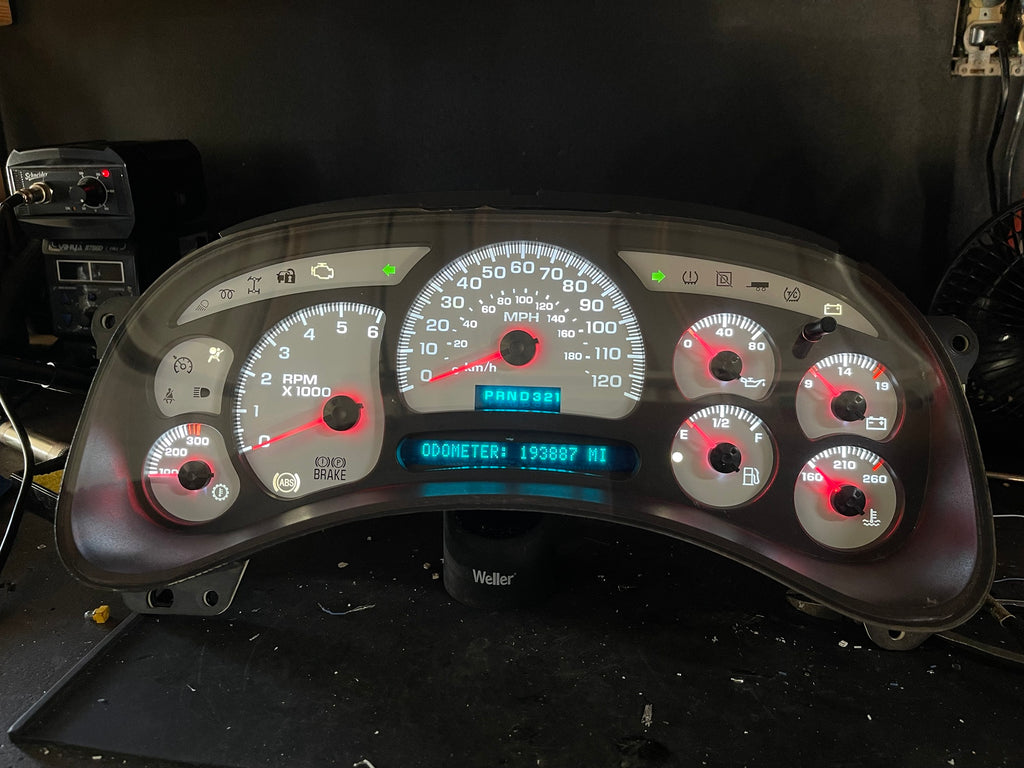 Rebuilt 2003-2007 Silverado Sierra gauge cluster, front view