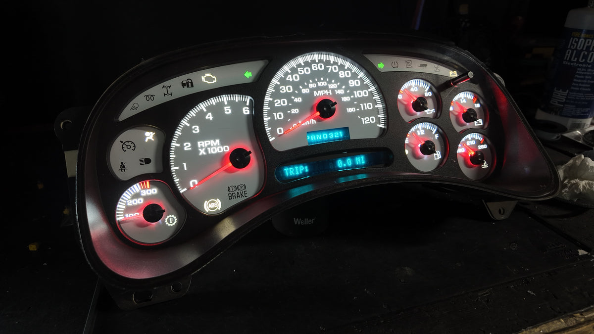 Rebuilt 2003-2007 GM gauge cluster, angled view