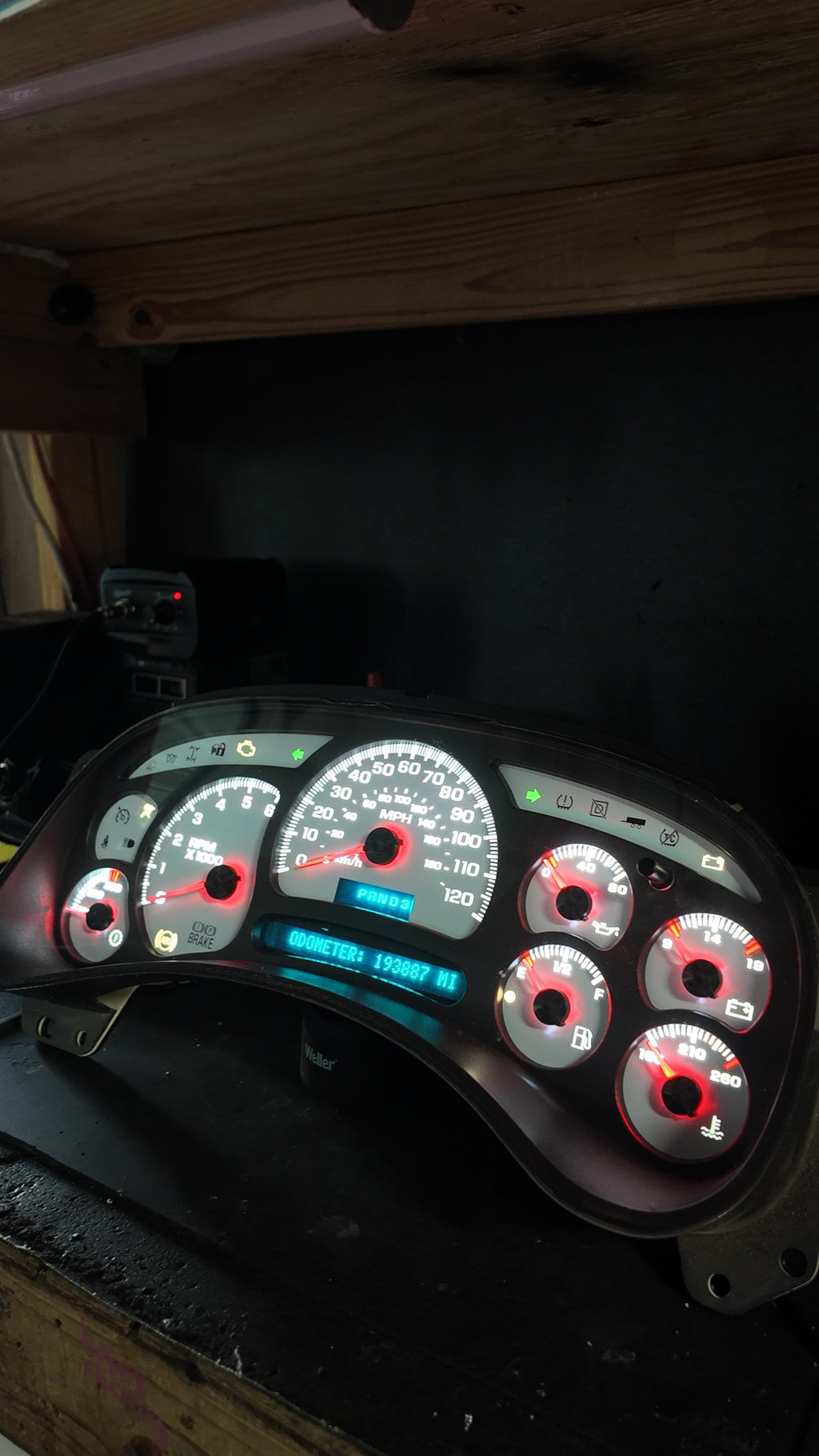 Rebuilt 2003-2007 GM gauge cluster, side view