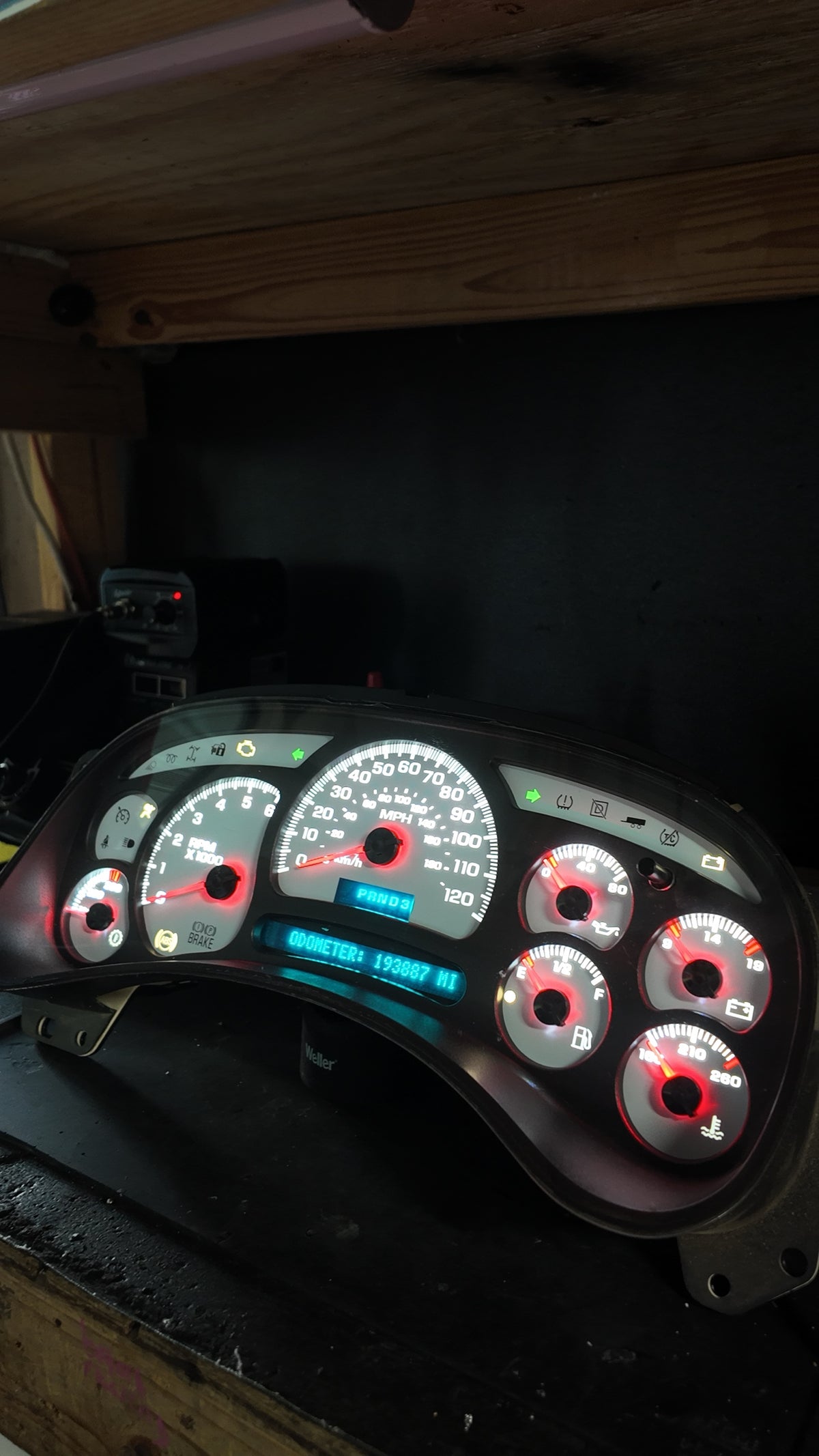 Rebuilt 2003-2007 GM gauge cluster, side view