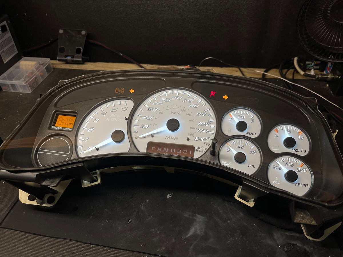 1999-2002 Silverado Sierra white SS 120 MPH gauge cluster with white LEDs and white glow needles
