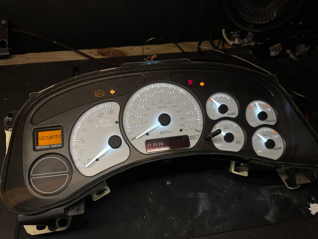 99-02 GM truck white gauge cluster lit up, white glow needles